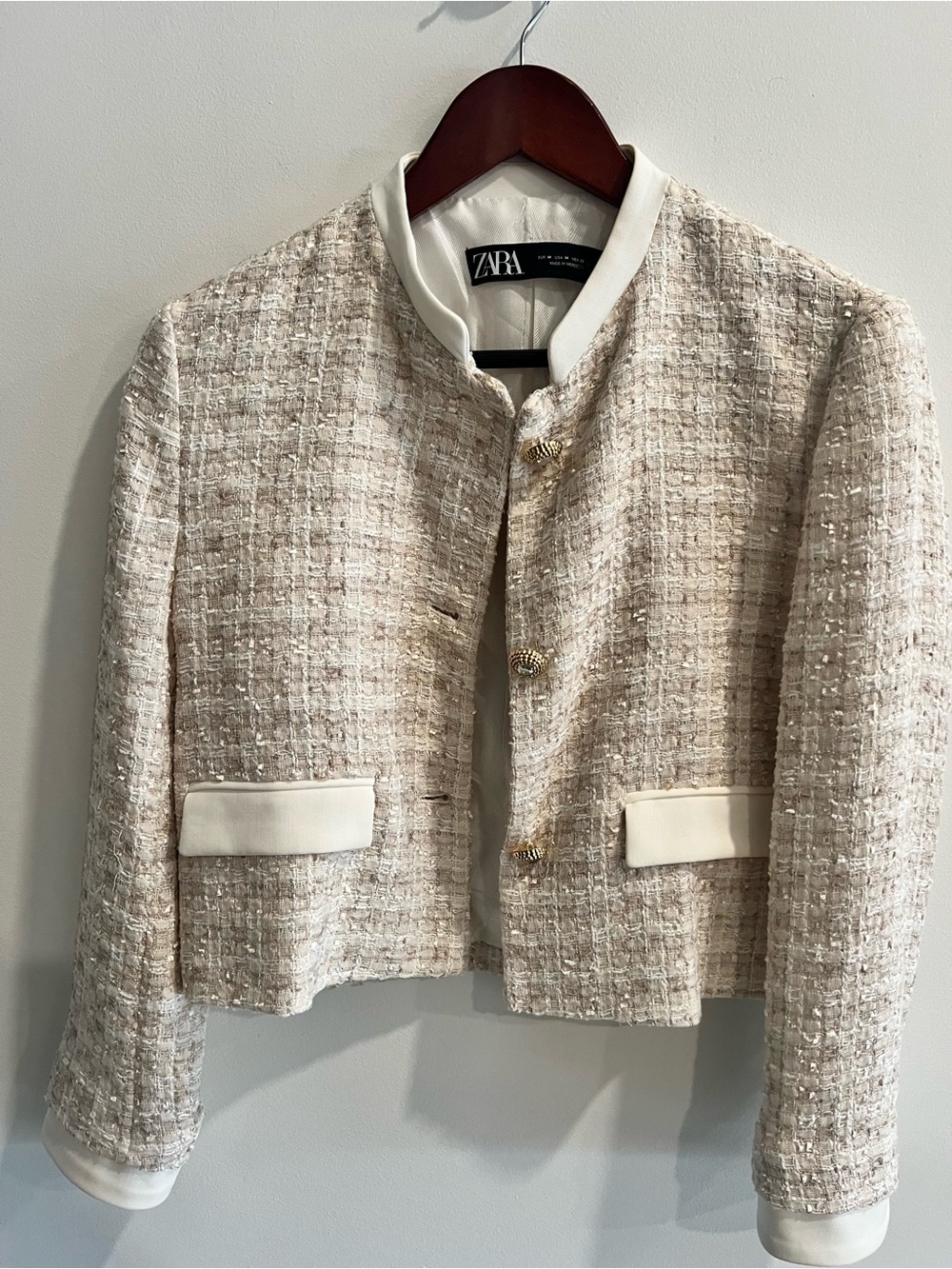 ZARA Cream Tweed Boxy Jacket with Gold Buttons
